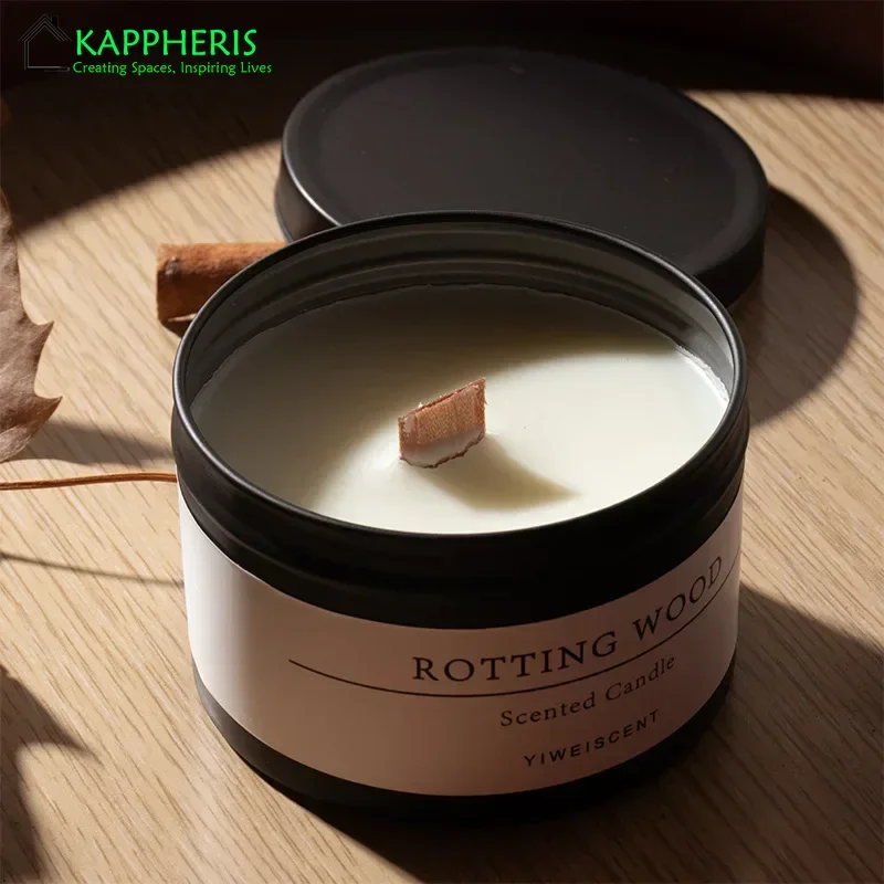 Black Tin Candle with Wooden Wick, Aromatic Scented Candles with Dried Flower, Classic Home Decorative Jars with Lid