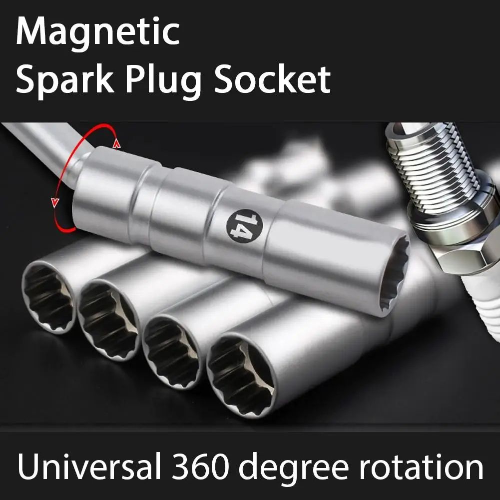 3/8 Inches Drive Magnetic Swivel Spark Plug Socket Set 14mm/16mm – 12-Point Universal Joint Plug Removal Wrench