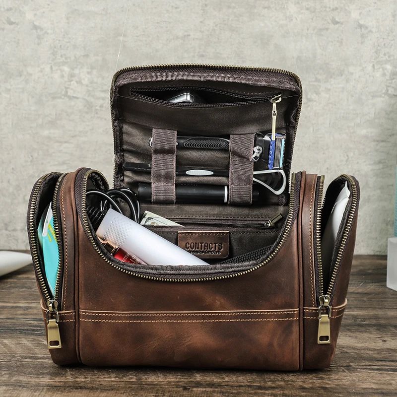 Contacts Crazy Horse Leather Toiletry Bag for Men - Vintage Leather Travel Dopp Kit Organizer
