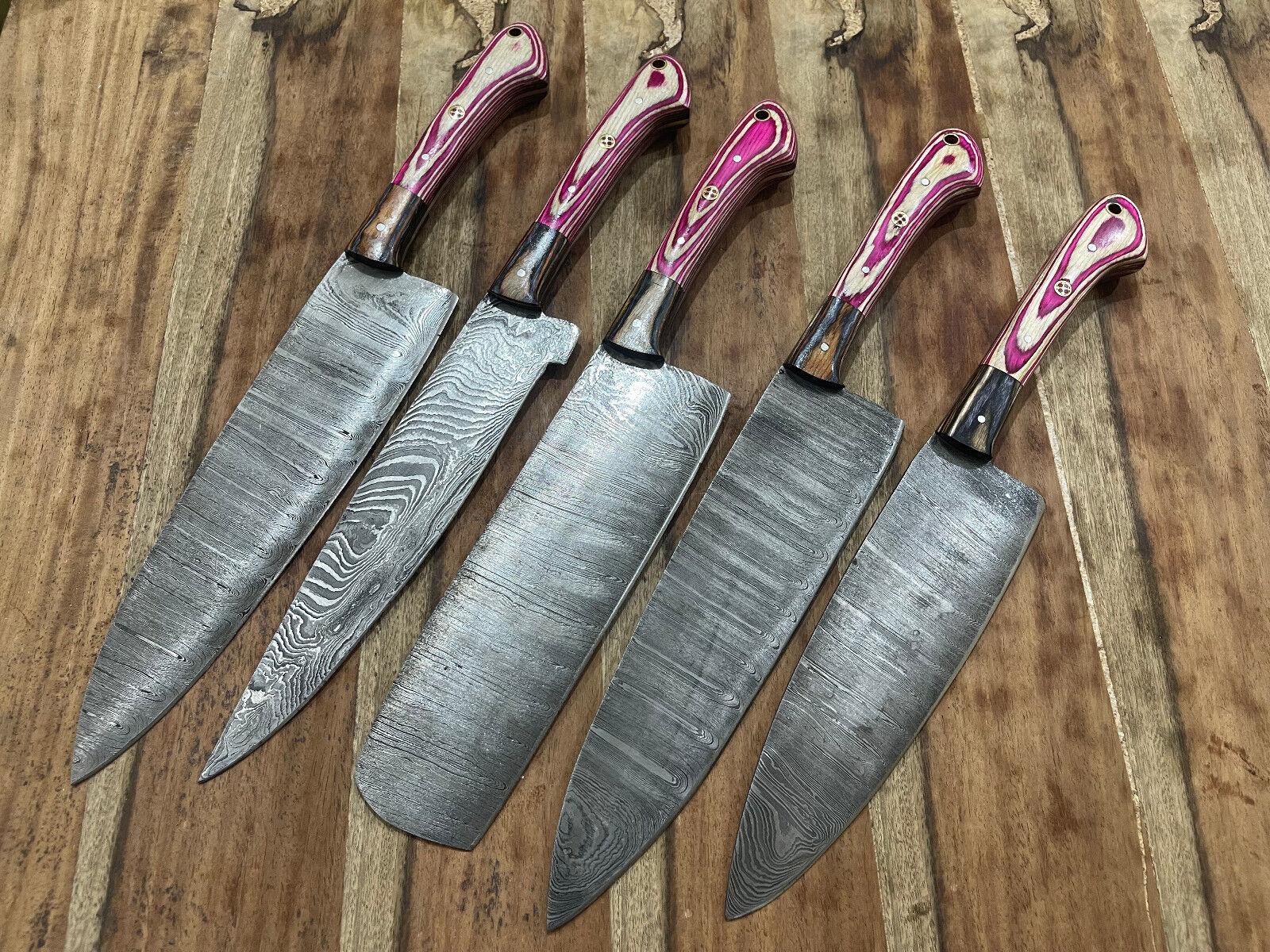 Premium 5PCS Handmade Damascus Steel Chef Set | Full Tang Kitchen Knives