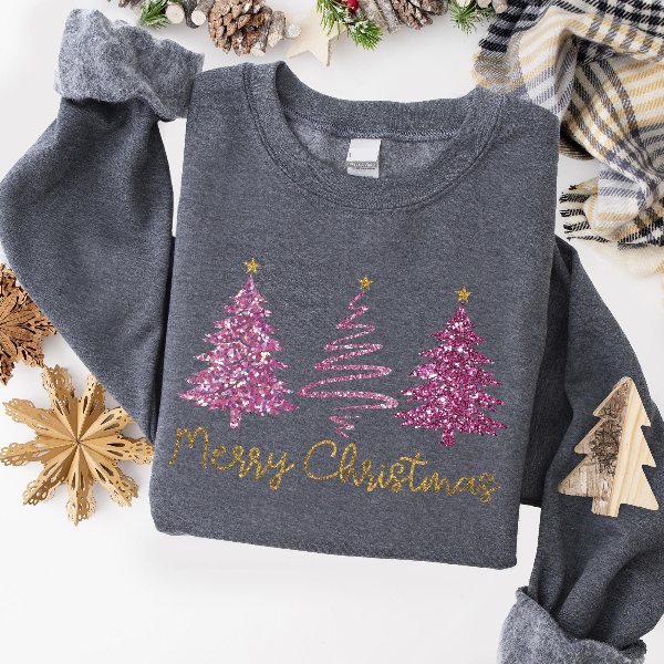 Faux Glitter Merry Christmas Tree Sweatshirt | Pink Sparkly Xmas Crewneck Women Aesthetic Holiday Pullover