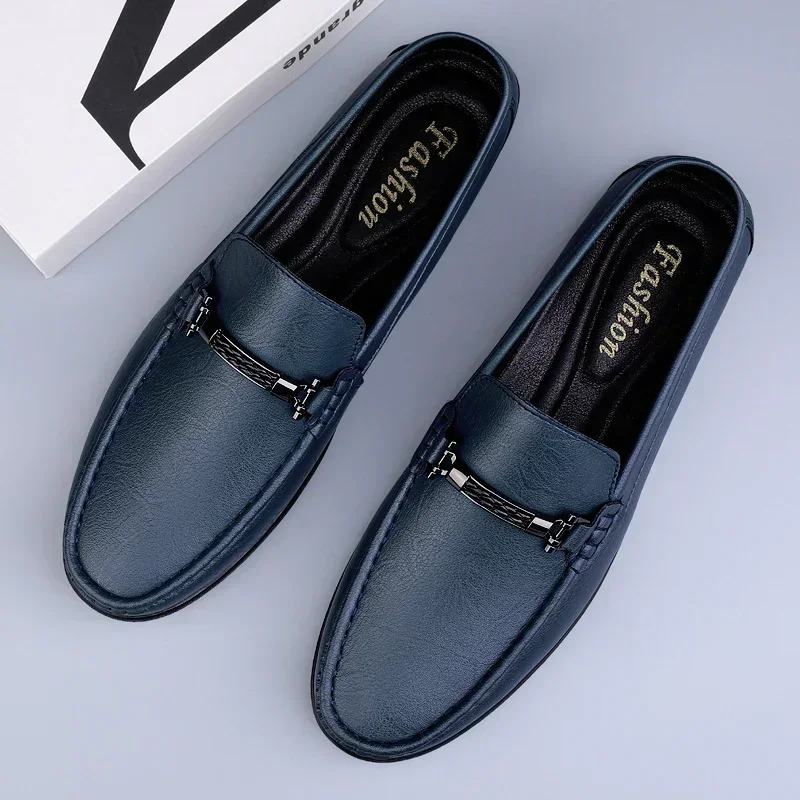 New Casual Men Slip-On Shoes, Luxury Leather Blue Loafers, Handmade Business Driving Flats