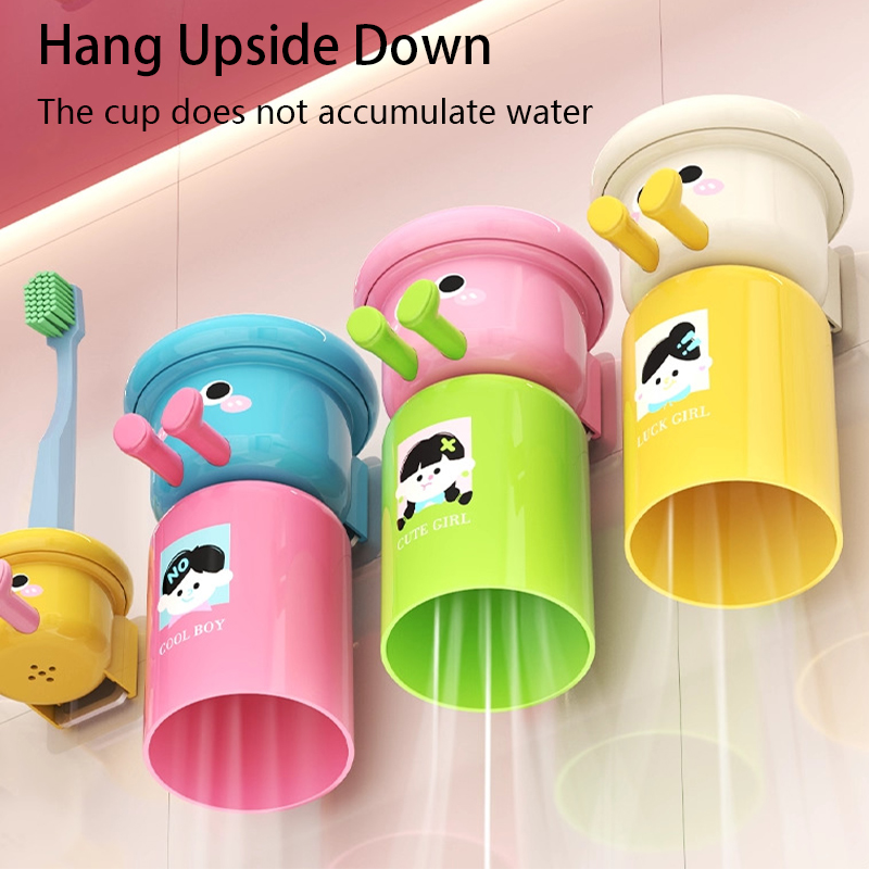 2 In 1 Gargle Cup, Cute Kids Creative Toothbrush Holder, Household No Punching Organizer Rack with Cups for Toothpaste