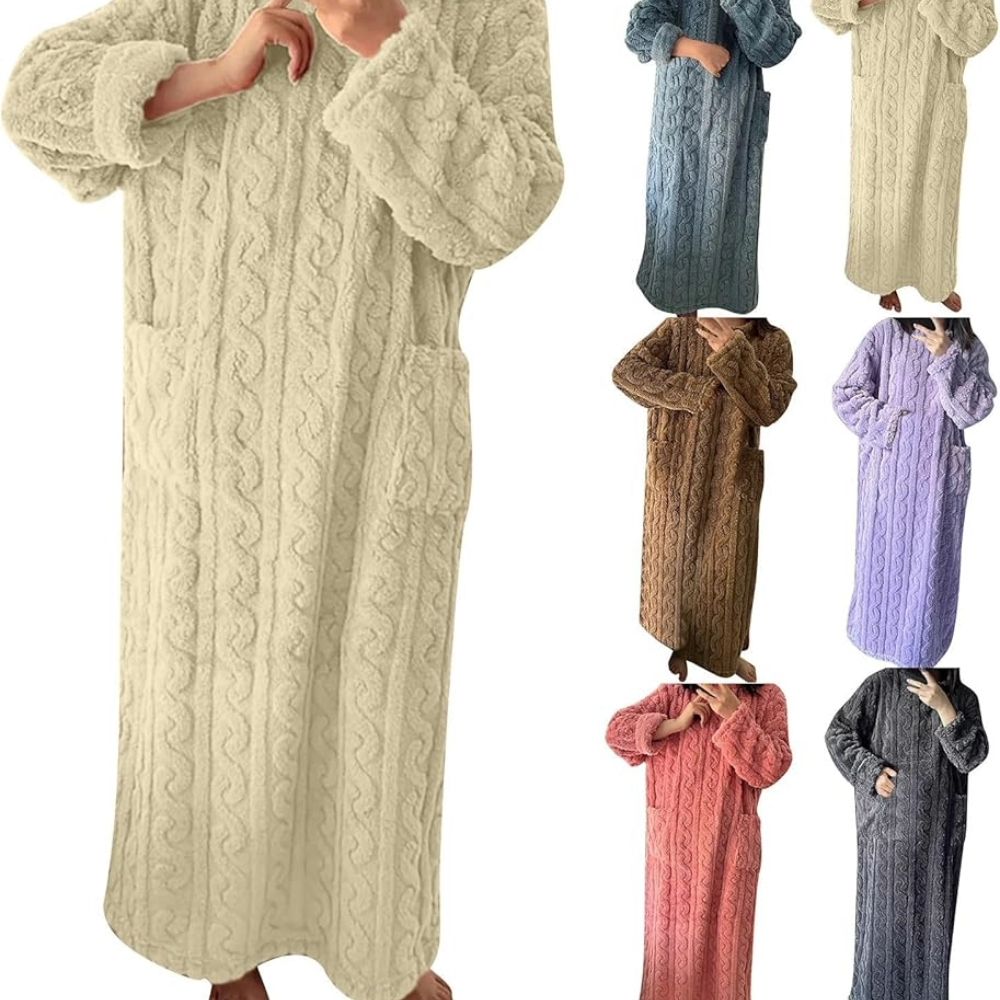 Women Winter Flannel Nightgown Long Sleeve Warm Sleepwear Dress