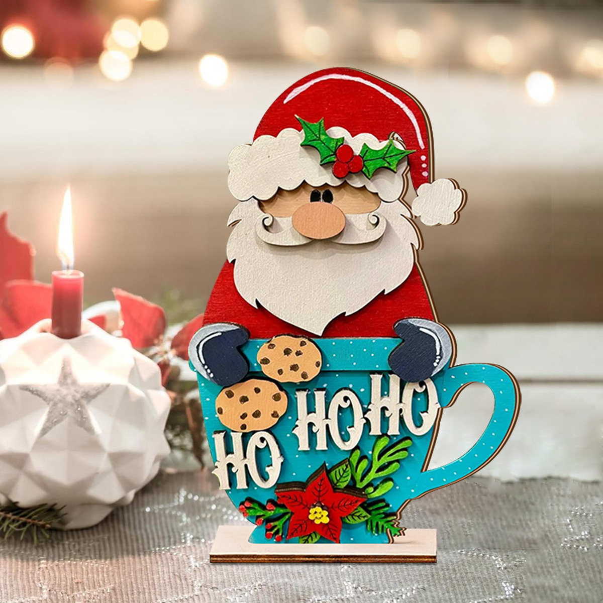 Festive Wooden Santa in Mug Ornament, Christmas Home Decor, Ho Ho Ho Holiday Decoration, Rustic Xmas Ornament Gift
