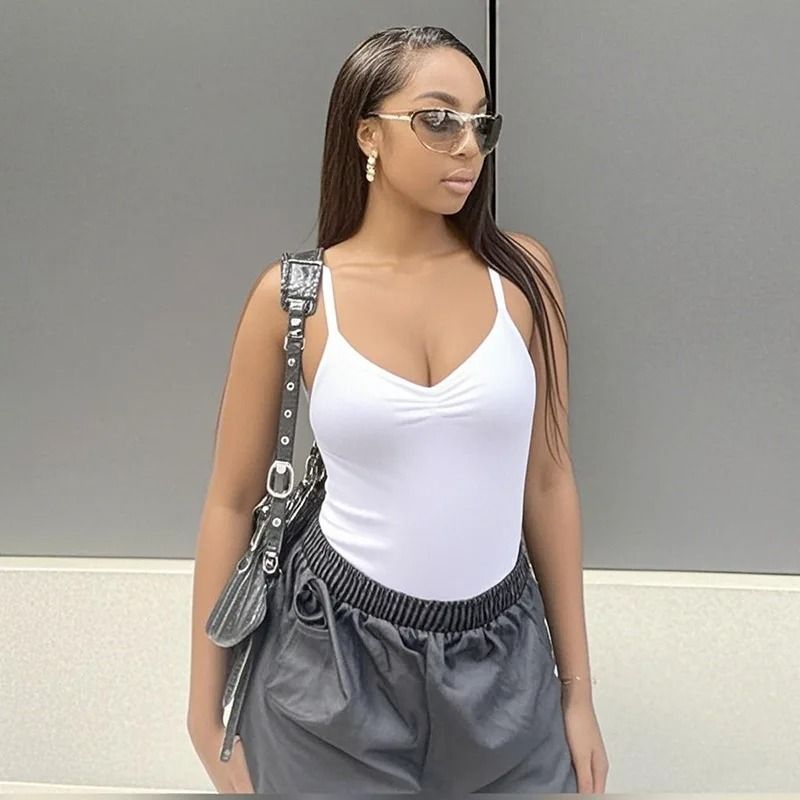 Sweetown Spaghetti Strap Bodysuit Sleeveless Shirred Camisole Bodysuit Top