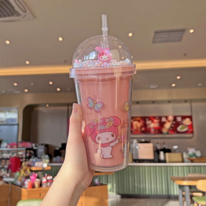 Creative Double Layer Drinking Cup, Large Capacity Plastic Straw Mug, Lid for Juice