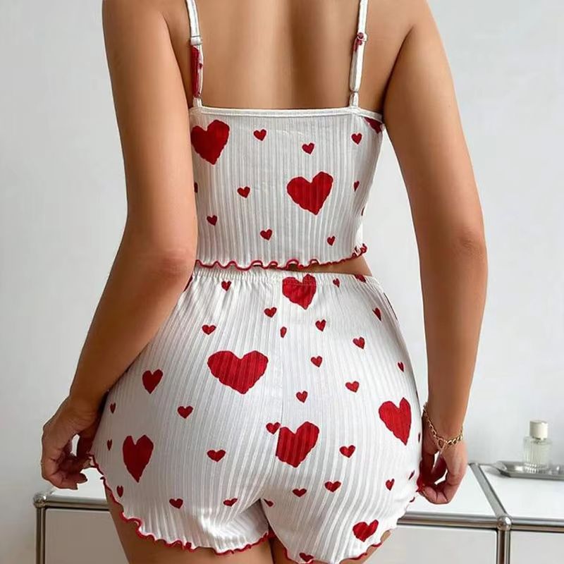 Women's 2 PCS Pajamas Set – Soft Short Tank Top and Shorts Sleepwear in White with Love Print