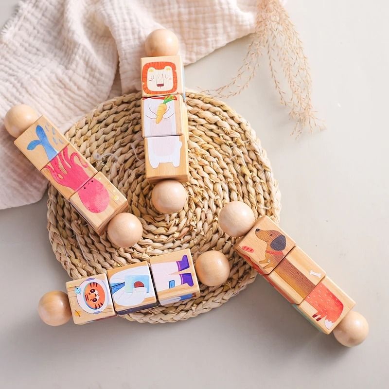 Rotating Wooden Baby Rattle & Animal Matching Block – Montessori Newborn Toy