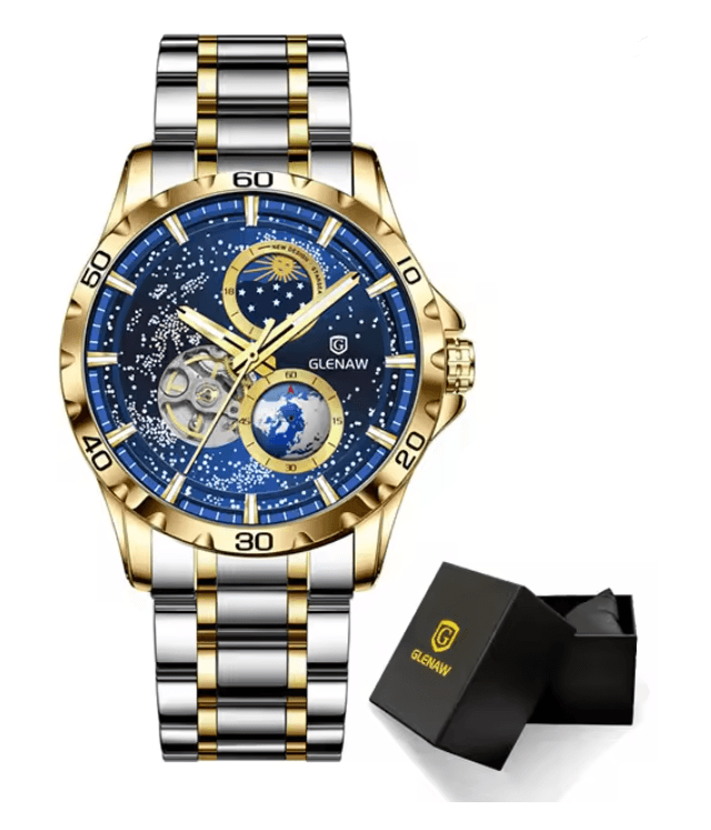 GLENAW Automatic Mechanical Watch with Rotating Earth Dial and Leather Strap