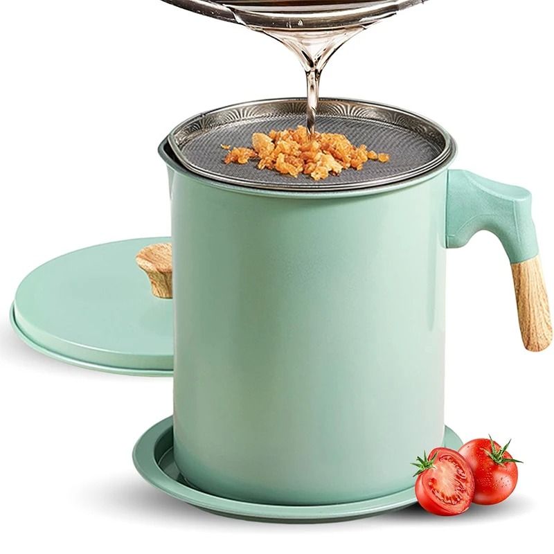 Stainless Steel 1.4L Bacon Grease Container & Fine-Mesh Oil Strainer