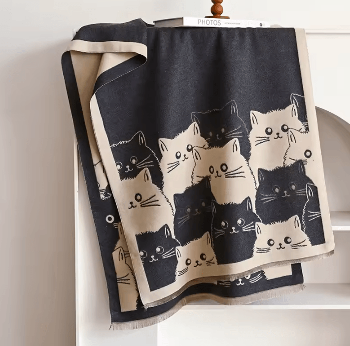 Cute Cat Jacquard Cashmere Pashmina Scarf – Thick Winter Warmth Shawl & Coldproof Blanket