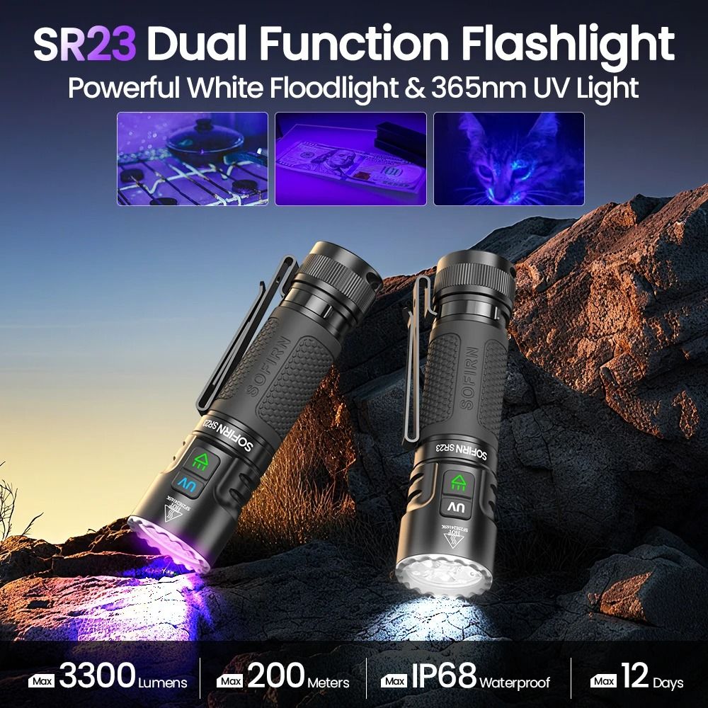 Sofirn SR23 Dual Light Flashlight 3300 Lumen White Floodlight with 365nm UV and Magnetic Tailcap