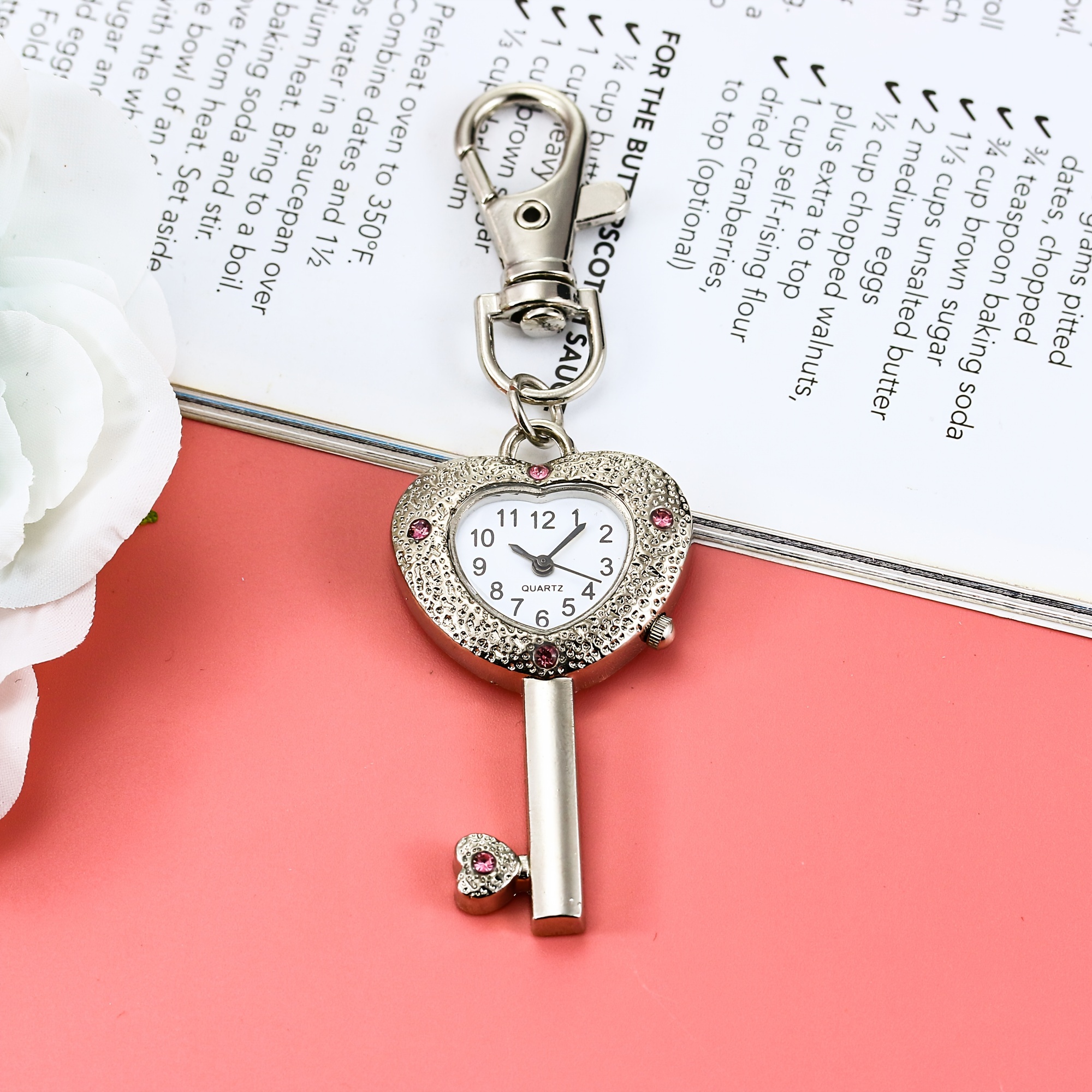 Heart Key Pocket Watch Necklace Vintage Keychain Pendant Watch for Women