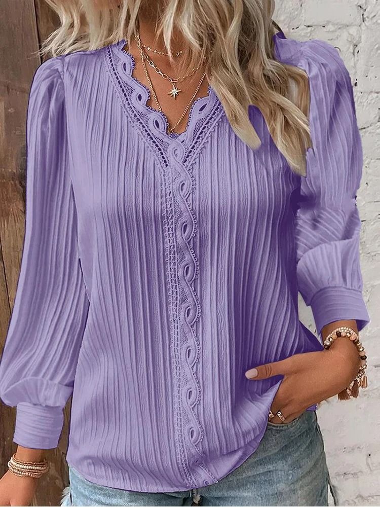 Womens Lace Stitch Pullover Chiffon V Neck Long Sleeve Blouse