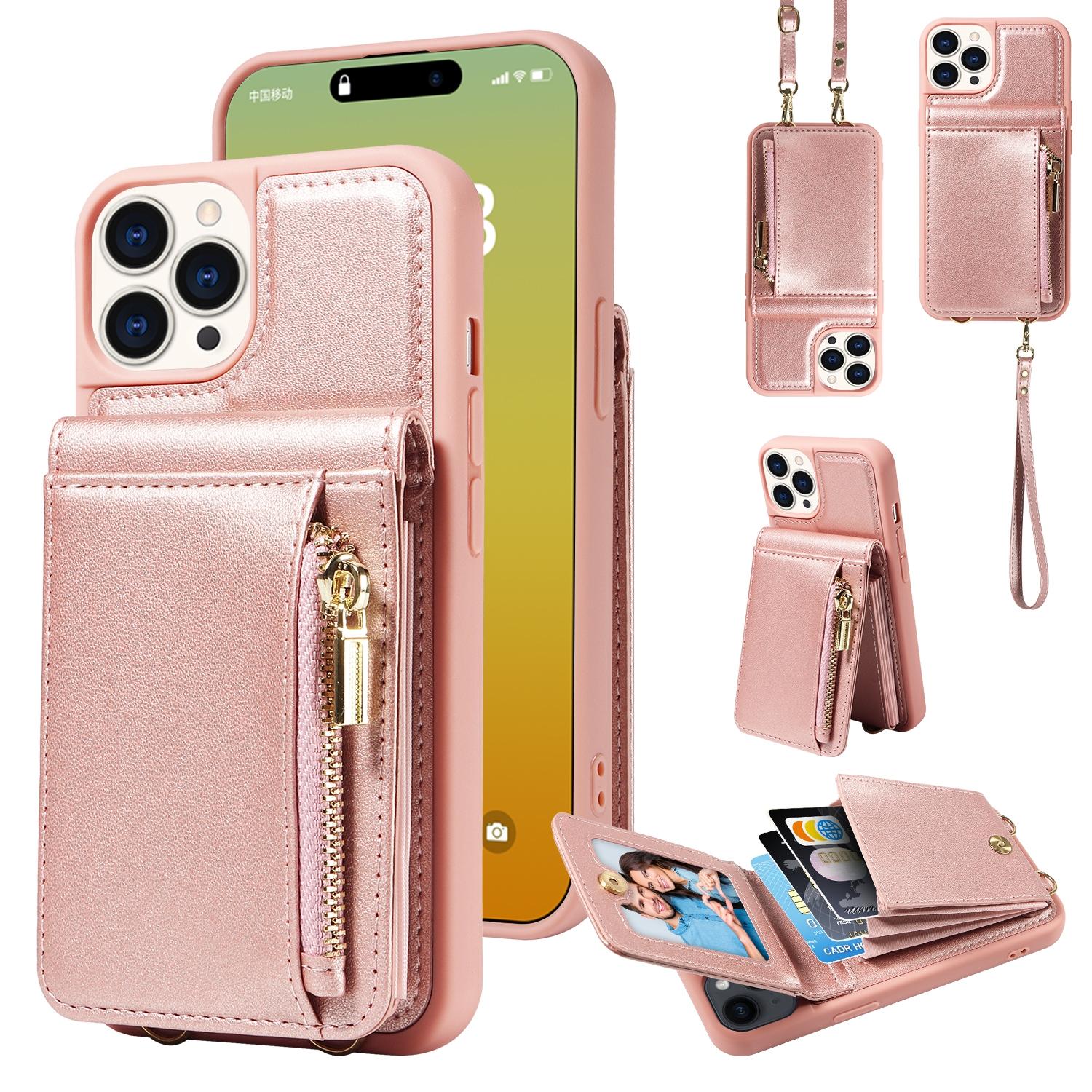 Leather Crossbody iPhone Wallet Case with Zipper Pocket & Lanyard Strap
