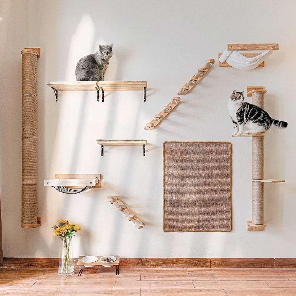 Wall Mounted Cat Climbing Shelf with Sisal Scratching Steps