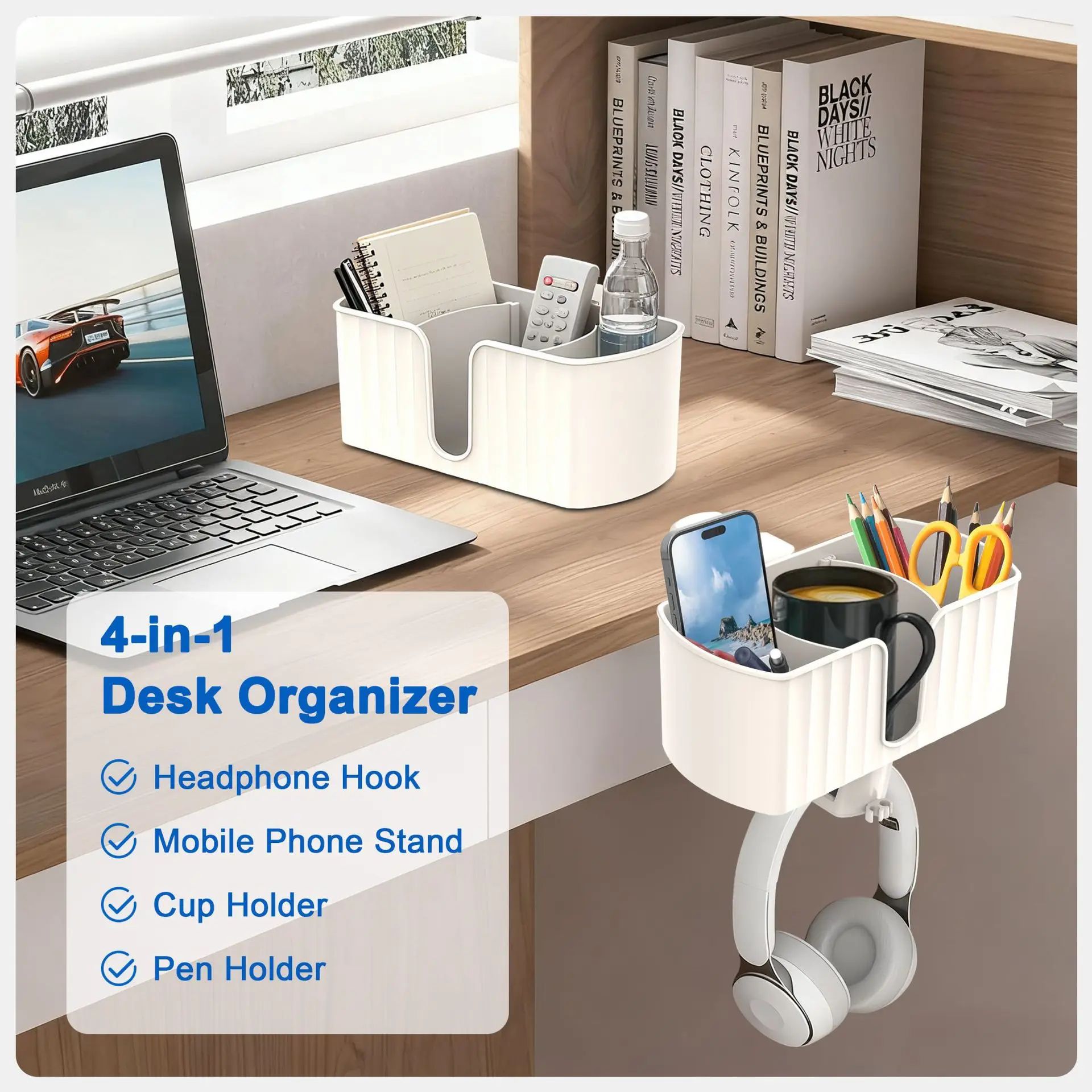 4-in-1 Clamp-On Desk Organizer with Rotating Headphone Holder and Cup & Pen Storage