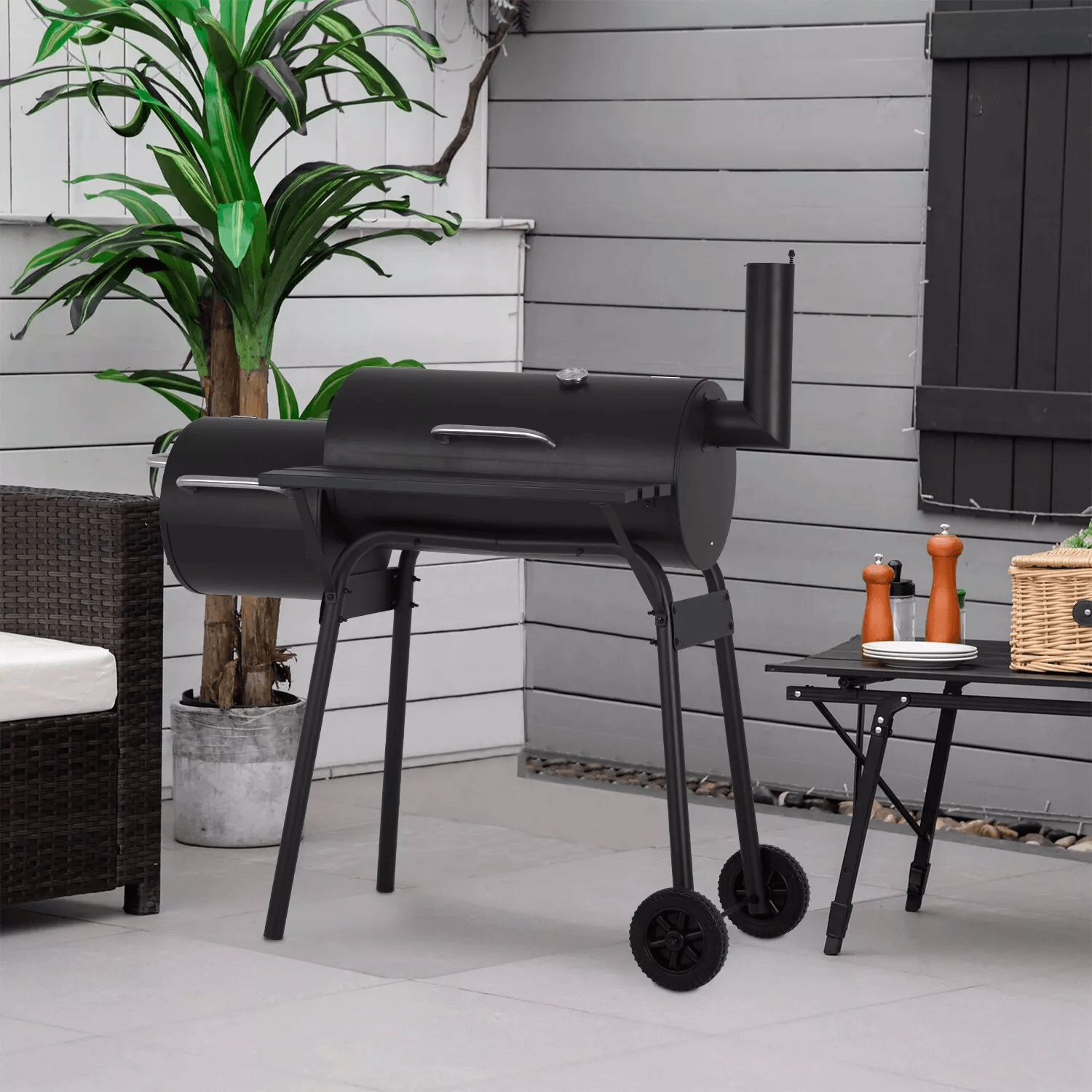 Charcoal Outdoor BBQ Grill with Offset Smoke, Portable Camping Grill with Dual Ovens, Temperature Monitor & Pulley Base