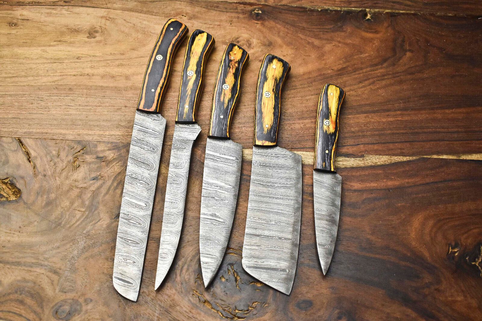 Custom 5 Handmade Damascus Steel Chef Knives | Hammered Full Tang Kitchen Set