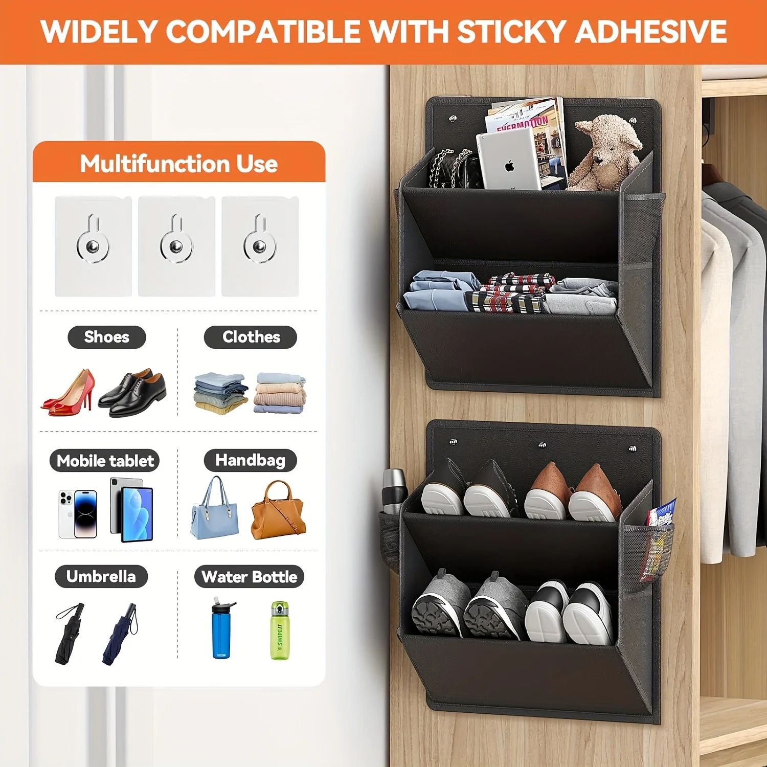 Foldable Wall Mounted Shoe Organizer with Adhesive Pockets for RV, Closet & Small Spaces