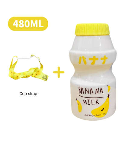 480ml Kawaii Milk Carton Water Bottle Cute Plastic Drinking Bottle with Cup and Strap