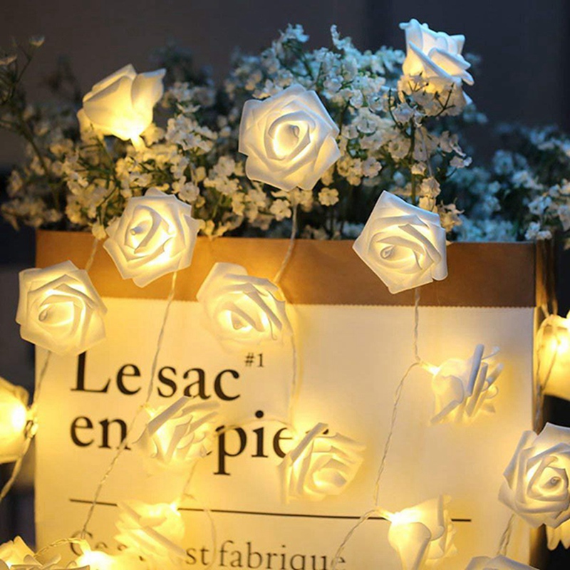 White Rose Flower String Lights, Battery Operated, for Valentines Day, Wedding, Home Party, Birthday Decorations