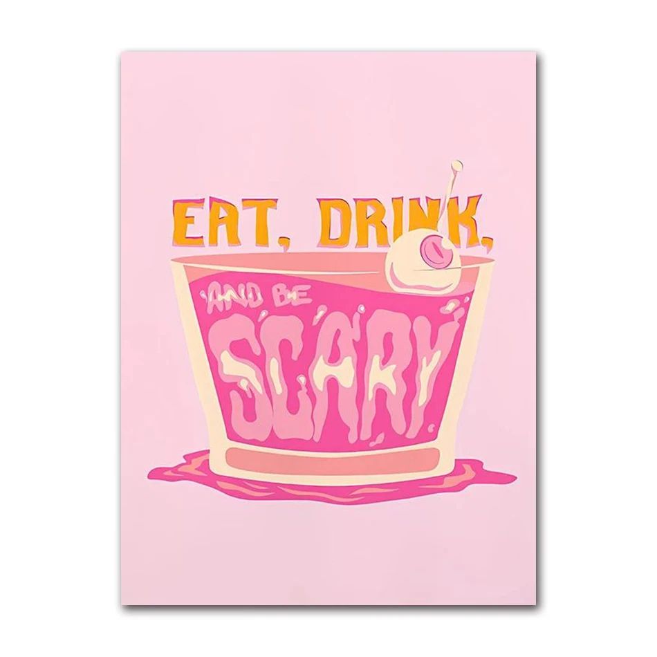 Retro Cocktail Canvas Wall Art Pink Strawberry Lemon Bar Poster