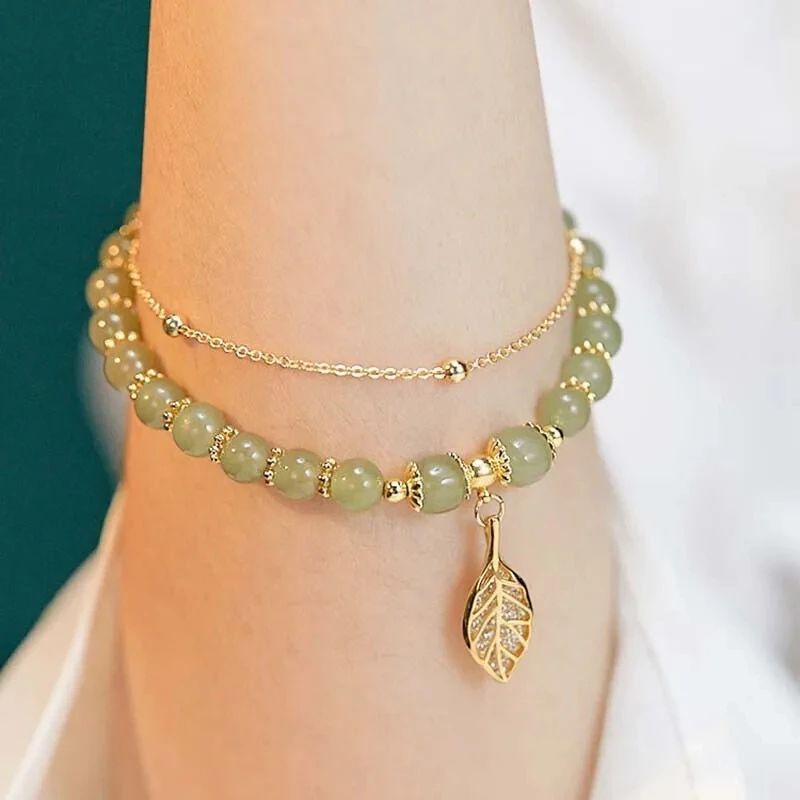 Chinese Style Green Jade Gold Leaf Double Chain Bracelet