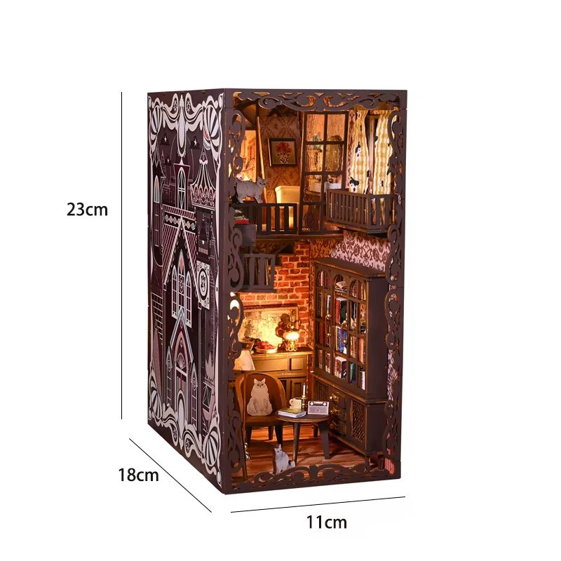 DIY Book Nook Kit Wooden Dollhouse Building Set LED Bookshelf Insert Miniature House Bookend