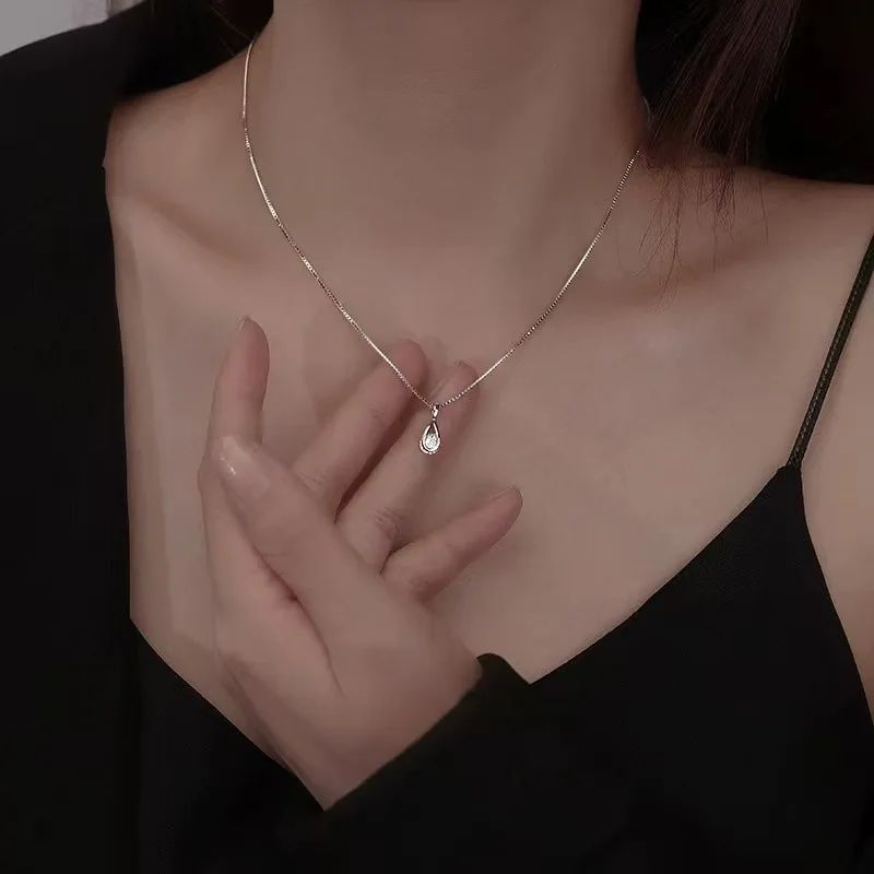 925 Sterling Silver Zircon Water Drop Necklace – Minimalist Geometric Collarbone Chain for Women