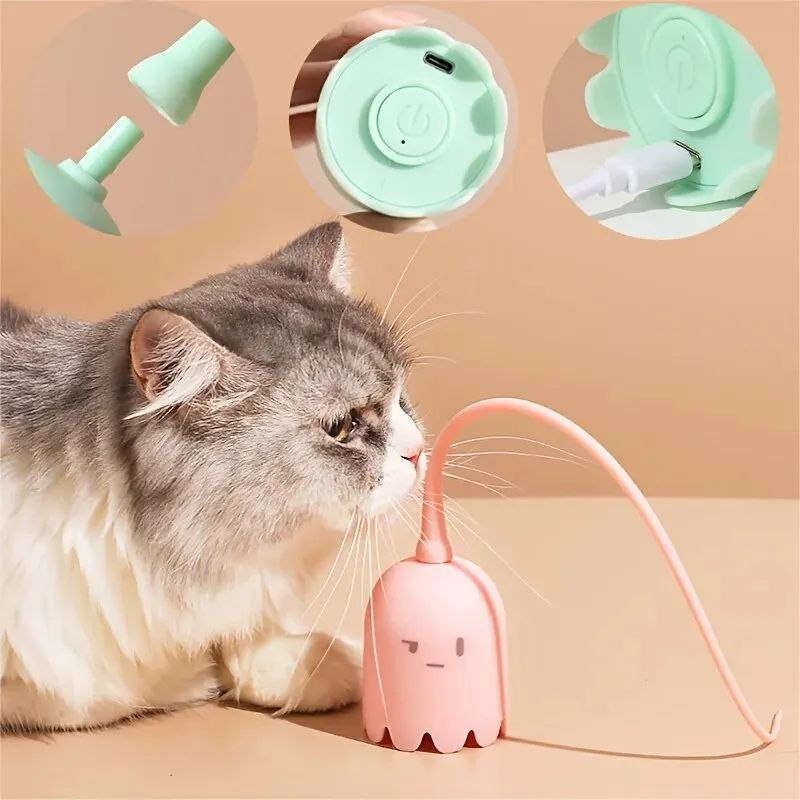 Electric Cat Teasing Stick Intelligent Tail Wagging Cat Toy with Silicone Tail Automatic Rotating Motion, USB Recharge