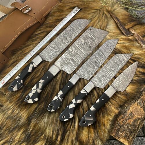 Premium Damascus Steel Kitchen & Hunting Knives – 5 Pc Set