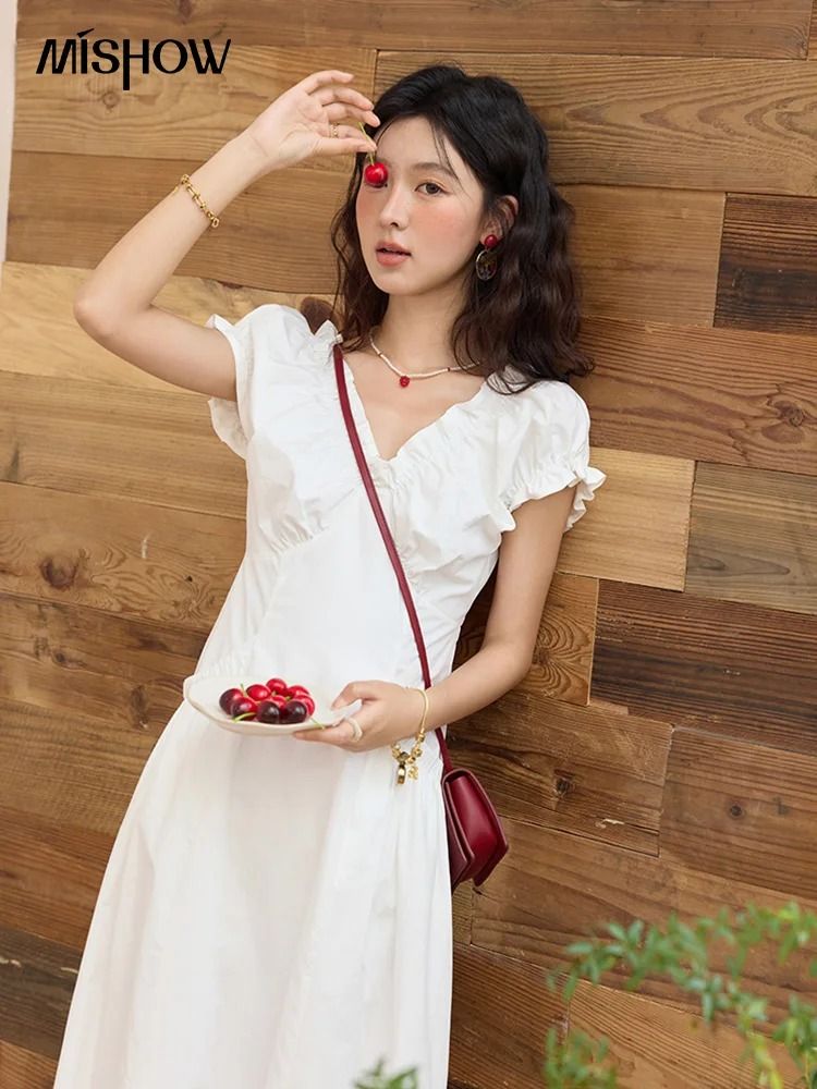 MISHOW V-Neck Puff Sleeve Dress | Premium 100% Cotton Slim Midi Dress & Professional 2025 Summer Office Outwear