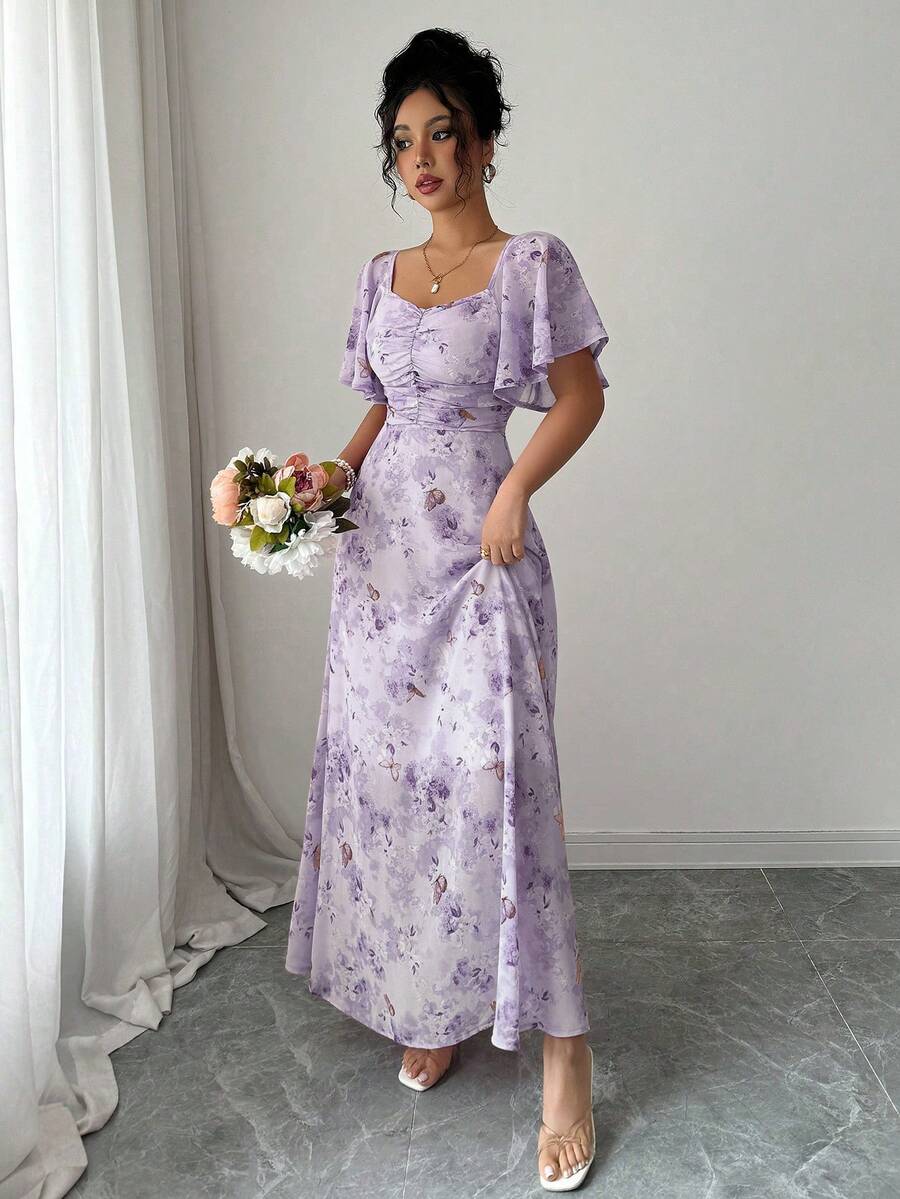 Womens Sweet French Style Mini Dress, Purple Butterfly Print, Batwing Sleeves Back Zipper Elegant Chic