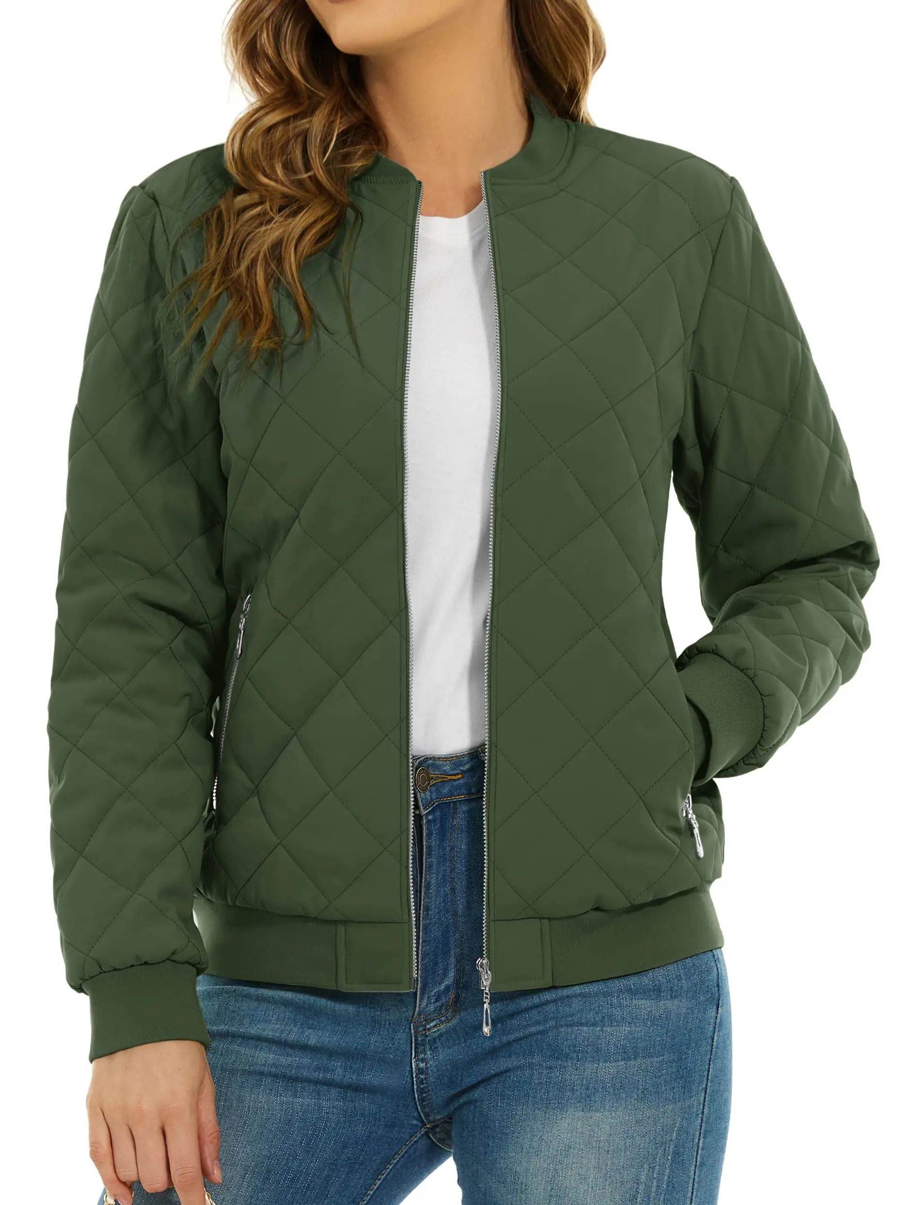 Womens Diamond Quilted Bomber Jacket Full Zip Warm Padded Coat