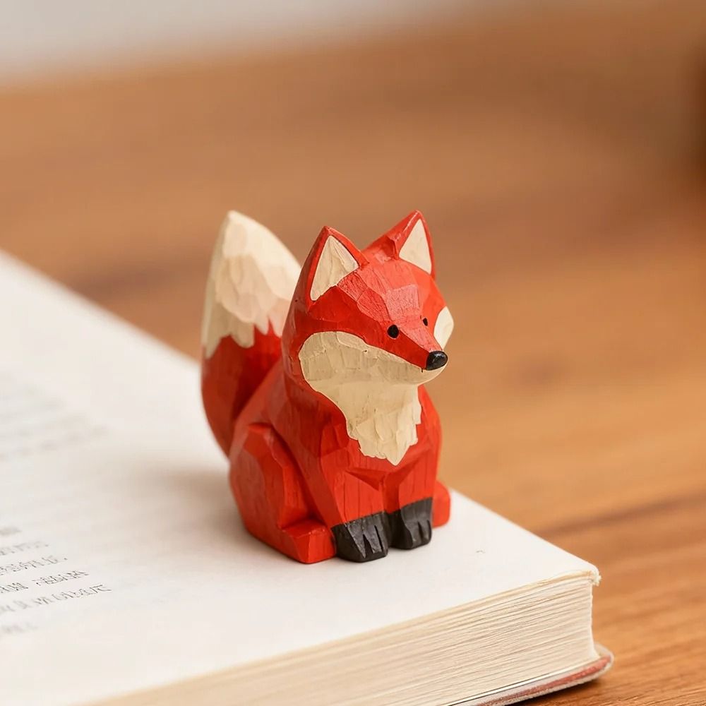 Handmade Wooden Fox Sculpture Vintage Animal Figurine Desk Decor