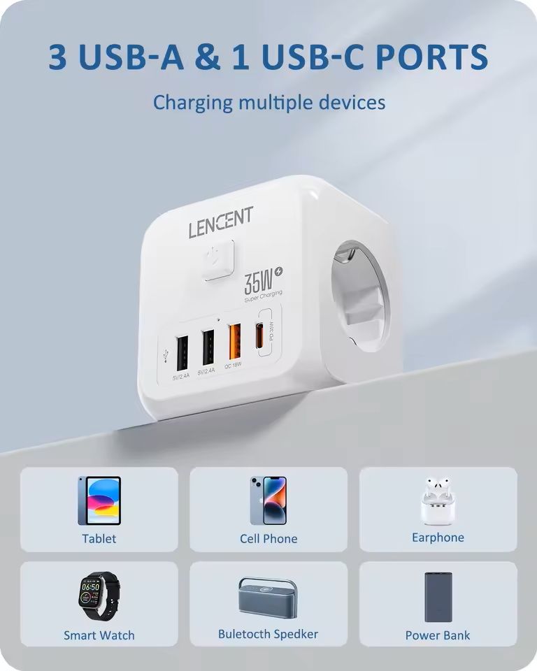 7 in 1 EU Plug Power Strip with USB Fast Charging and Type C PD Port