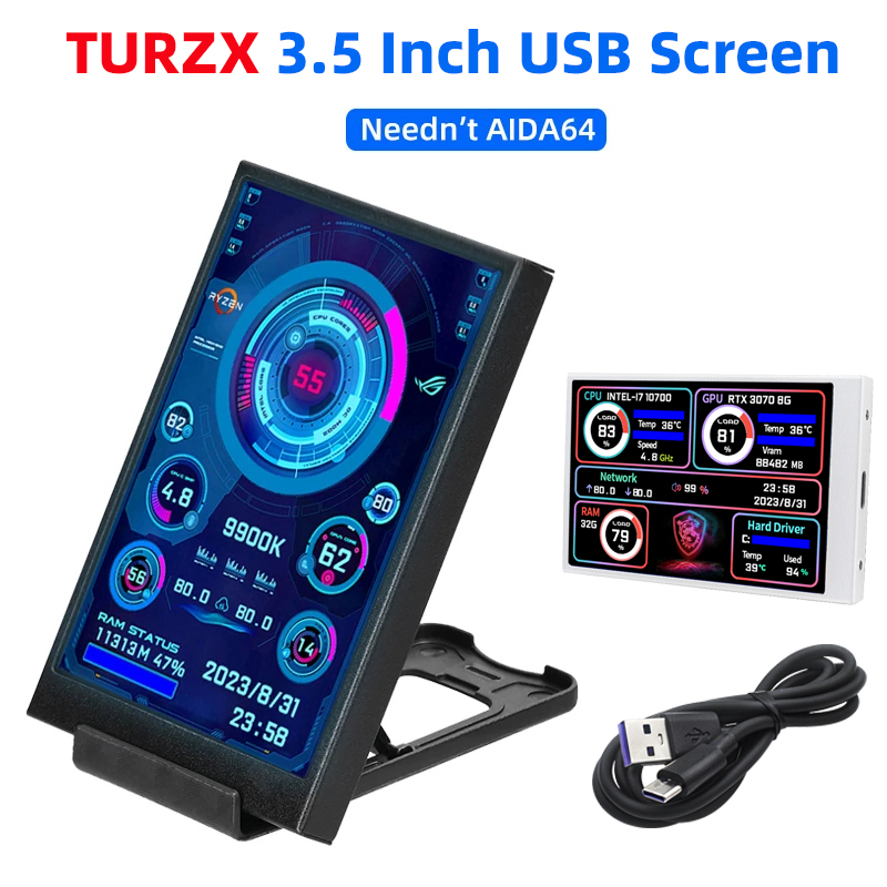 USB LCD Secondary Screen for Computer  CPU, GPU, RAM, HDD Display, Freely Adjustable Monitor