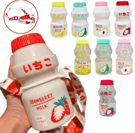 480ml Kawaii Milk Carton Water Bottle Cute Plastic Drinking Bottle with Cup and Strap