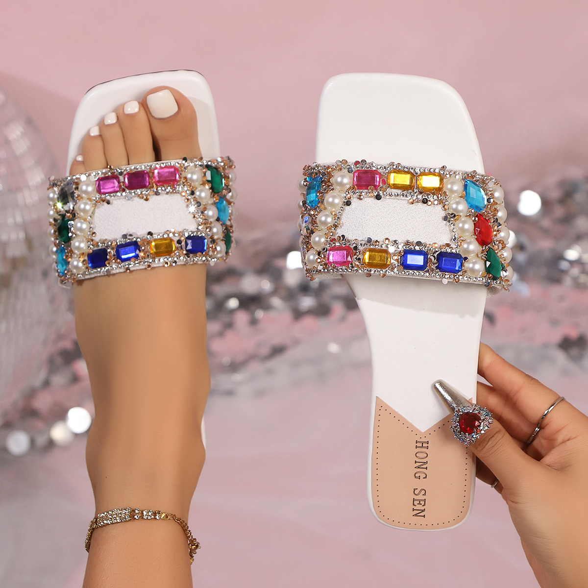 Casual Women Rhinestone Slippers, Fairy Style Summer Home Sandals, Flat Fashion Slides Versatile Design