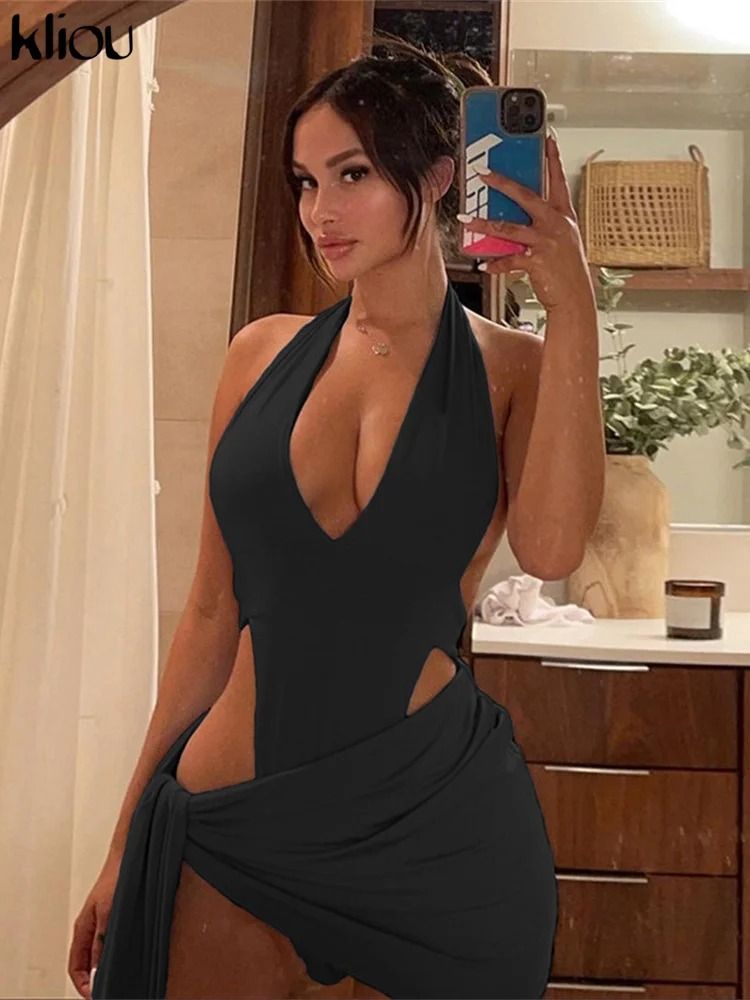 Deep V Ruched Set – Sexy Halter Top & Skirt Partywear