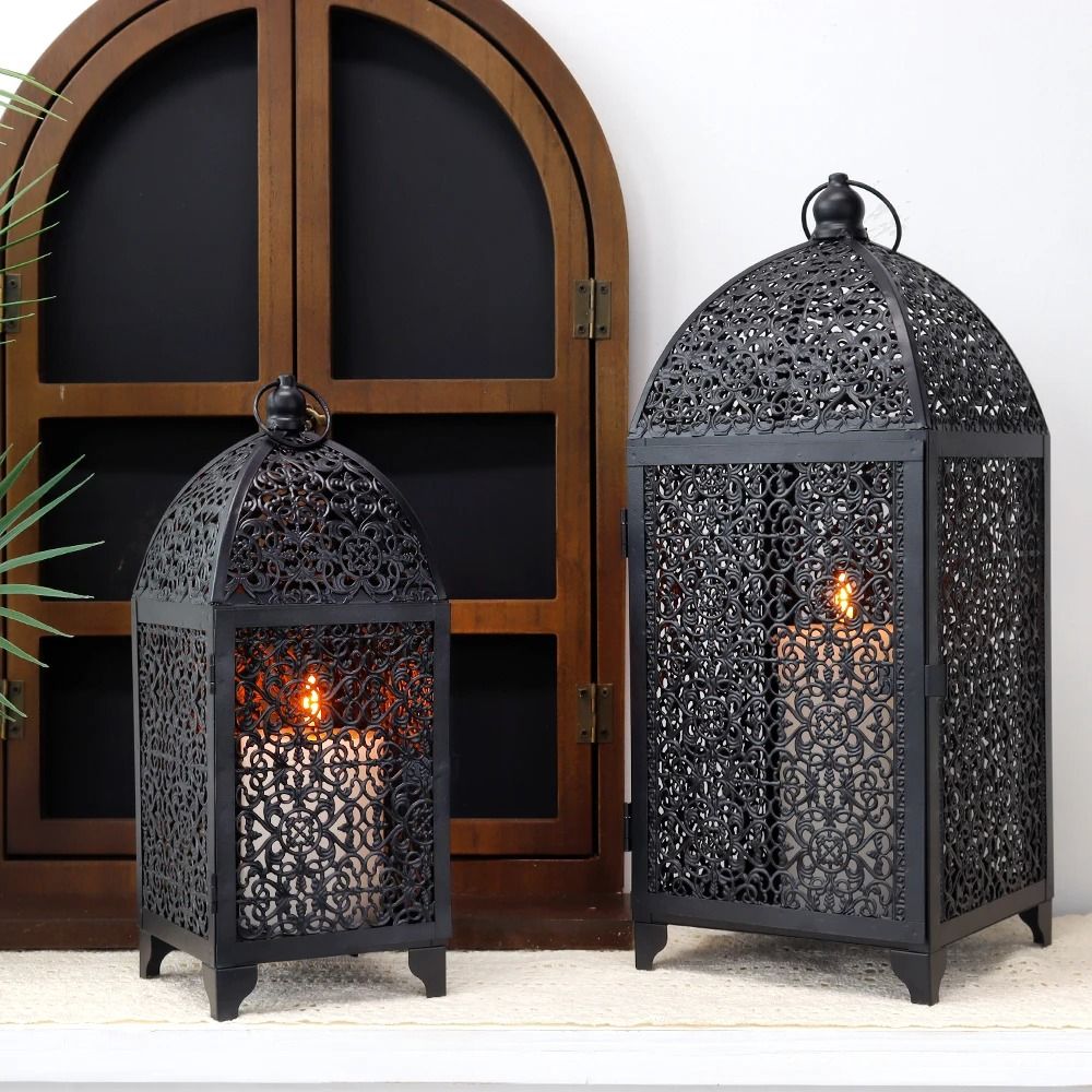 Black Metal Candle Lantern Set Hanging Candle Holder Decorative Lanterns