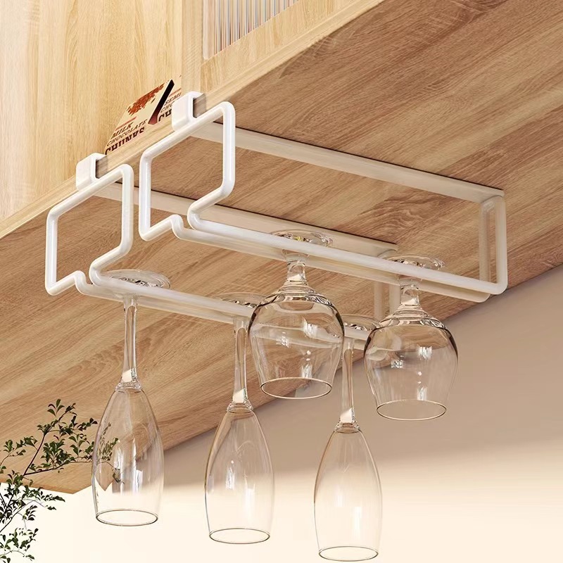 Wine Glass Hanging Holder, Metal Goblet Storage Rack, No Drilling Bar Wine-Cup Shelf for Kitchen Cabinet