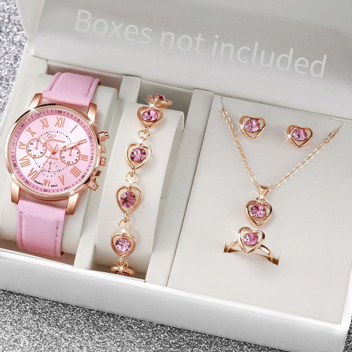 Women Luxury Watch and Jewelry Set Roma Dial Leather Band Quartz