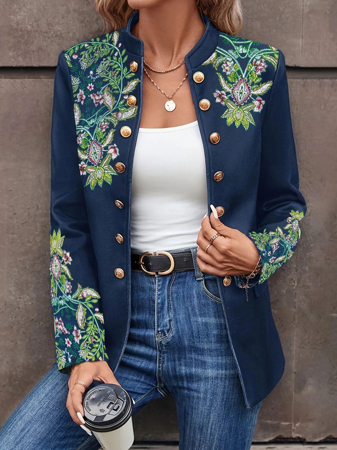 Women's Retro Floral Embroidered Double-Breasted Blazer – Elegant Stand Collar Office Jacket