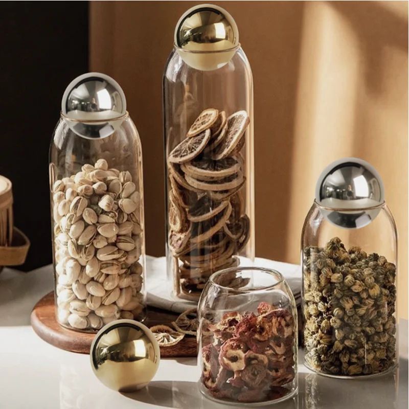 Golden Cork Lid Glass Storage Jar Airtight Kitchen Food Container for Coffee Beans, Tea, Snacks & Home Pantry Decor