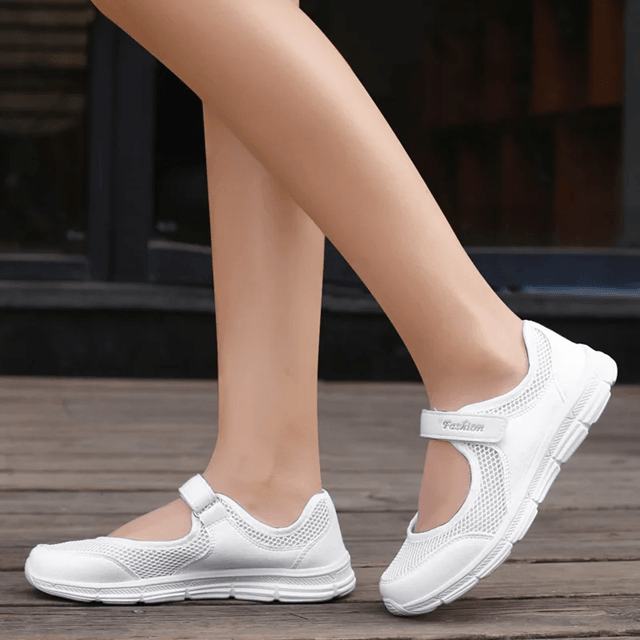 Breathable Mesh Walking Sneakers for Women – Lightweight White Casual Work Shoes