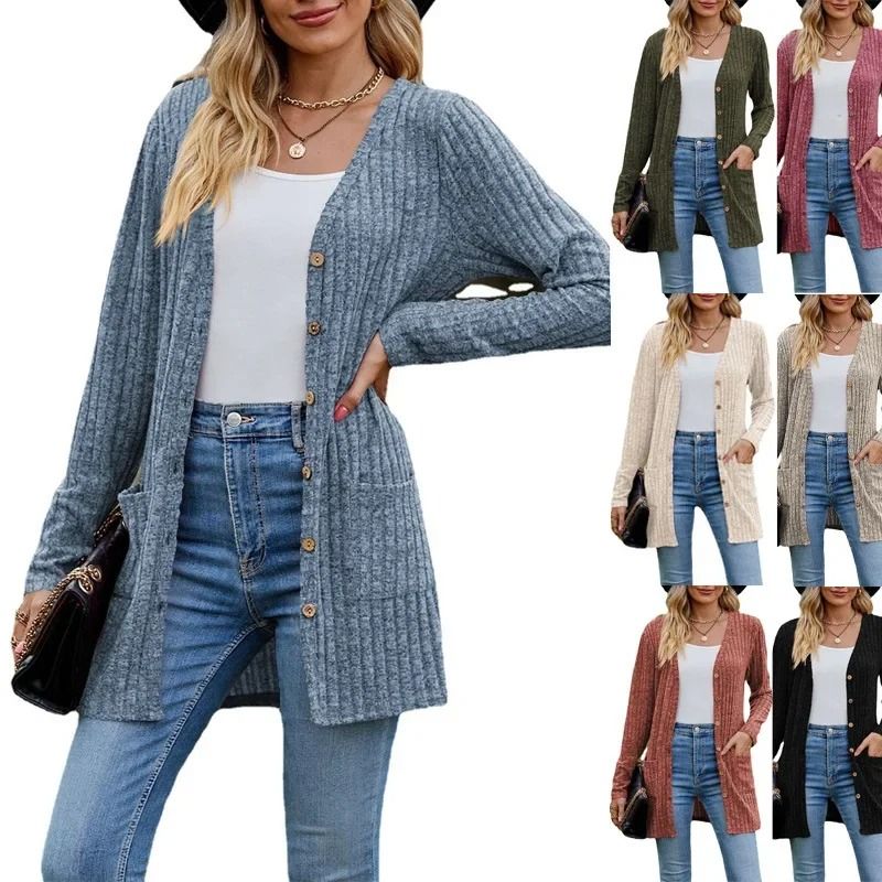 Women Long Sleeve Button V Neck Casual Cardigan Jacket