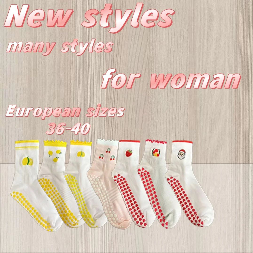 Womens Knitted Embroidered Non-Slip Yoga Socks EU 36–43 – Silicone Grip Pilates & Fitness Mid-Calf Socks